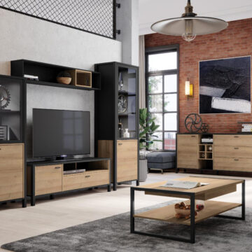 Hard Rock Matt Black 1 Door 1 Drawer TV Unit 151cm | Riviera Oak Finish
