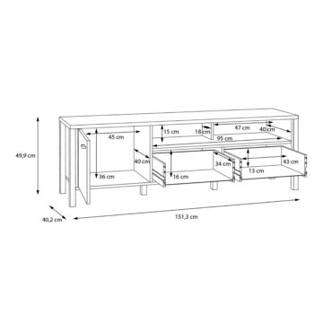 Hard Rock Matt Black 1 Door 1 Drawer TV Unit 151cm | Riviera Oak Finish