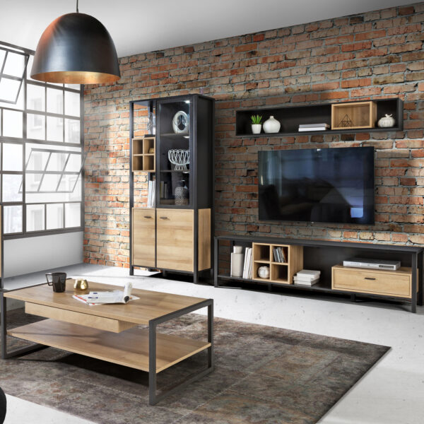 Hard Rock Wall Shelf in Matte Black/Riviera Oak | Self Assembly