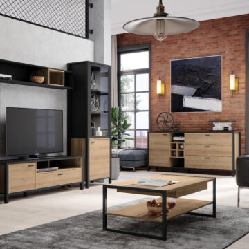Hard Rock Matt Black 2 Door Wide Display Cabinet | Riviera Oak