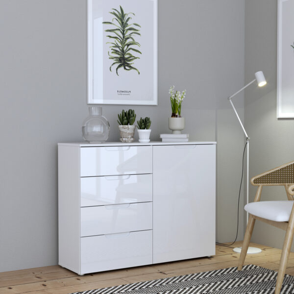 Harper 4 Chest of Drawers 1 Door in White/White High Gloss | Self Assembly
