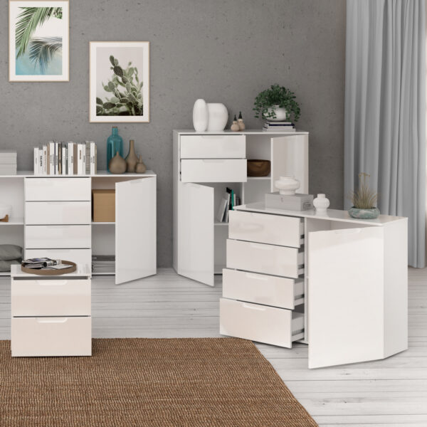 Harper 4 Chest of Drawers 1 Door in White/White High Gloss | Self Assembly