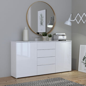 Harper Wide Chest of 4 Drawers and 2 Doors in White/White High Gloss