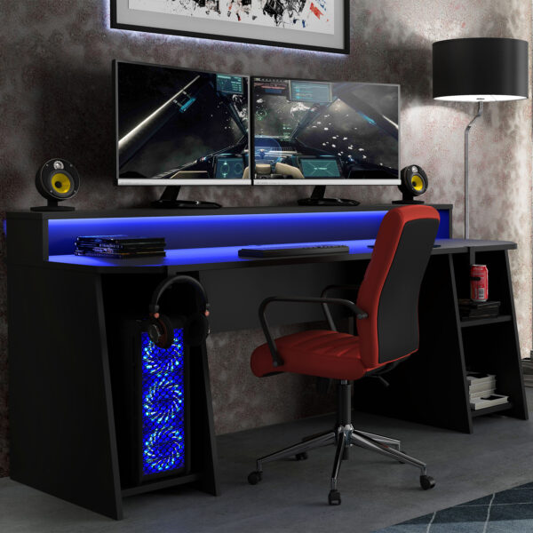 Tezaar Gaming Desk with Blue LED in Matte Black | Self Assembly