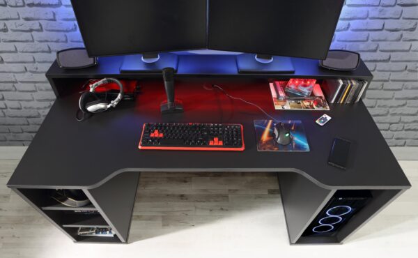 Tezaar Gaming Desk with Blue LED in Matte Black | Self Assembly