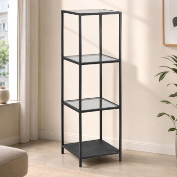 Milford Narrow Black Metal Bookcase with 3 Glass Shelves