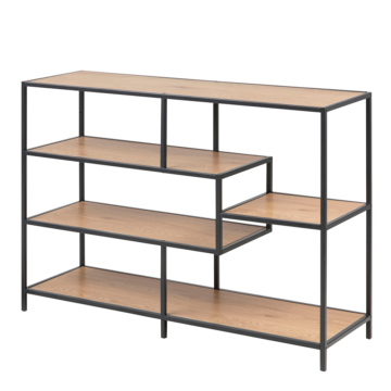 Milford Black Metal Wide 4 Shelf Bookcase | Oak Finish