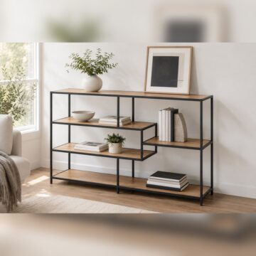 Milford Wide Black Metal Bookcase with 4 Oak Shelves