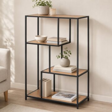 Milford Black Metal Asymmetrical Bookcase with 3 Oak Shelves