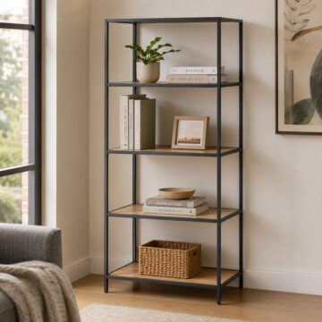 Milford Tall Black Metal Bookcase with 4 Oak Shelves