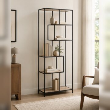 Milford Tall Black Metal Bookcase with 5 Sonoma Oak Shelves