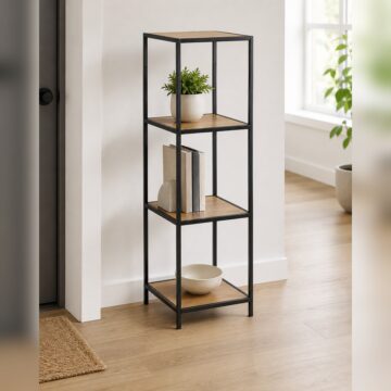 Milford Narrow Black Metal Bookcase with 3 Oak Shelves