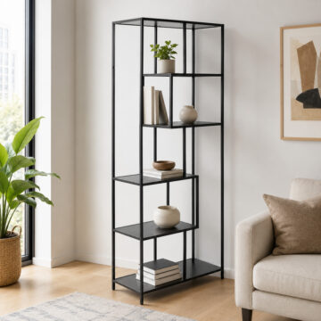 Milford Tall Black Metal Bookcase with 5 Black Shelves