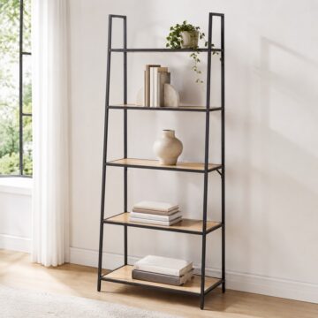 Milford Black Metal Ladder Bookcase with 5 Oak Shelves