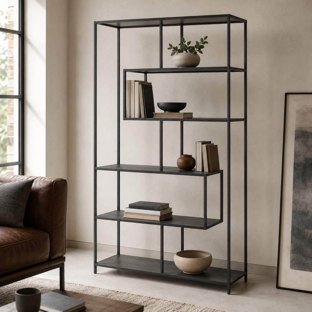 Milford Black Metal Large Asymmetrical 5 Shelf Bookcase