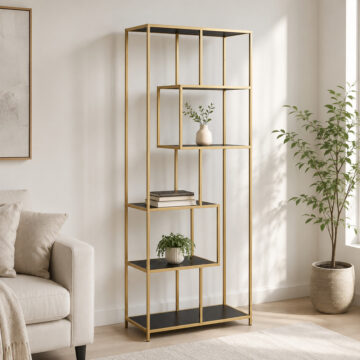 Milford Tall Gold Metal Bookcase with 5 Black Shelves