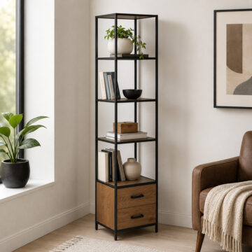 Milford Bookcase with 2 Drawers and 3 Shelves in Black & Oak