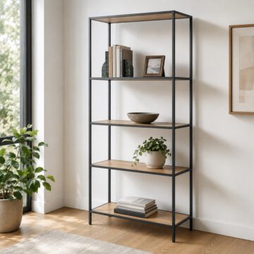 Milford Tall Black Metal Bookcase with 5 Shelves in Oak