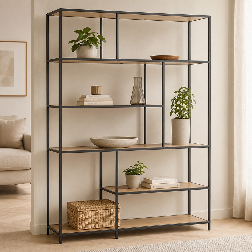 Milford Bookcase with 1 Drawer and 5 Shelves in Black and Oak