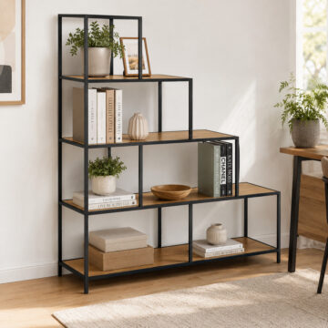 Milford Bookcase with 4 Shelves and 1 Drawer in Black and Oak