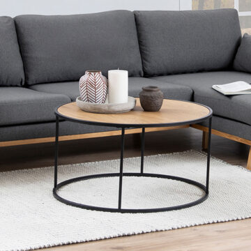 Milford Black Metal Round Coffee Table with Oak Top