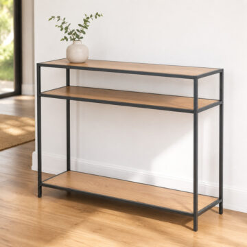 Milford Black Metal Console Table | Bottom Shelf | Oak Finish Top