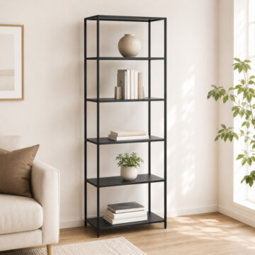 Newland Tall Bookcase with 5 Shelves in Matte Black