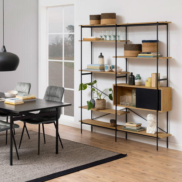 White Anguson Bookcase with 1 Sliding Door & 5 Shelves in Oak & Black | Self Assembly