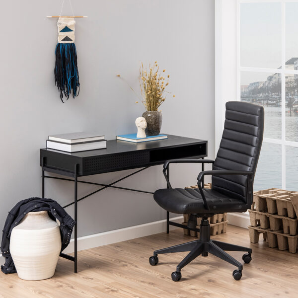 Anguson Office Desk with Sliding Door in Black | Self Assembly