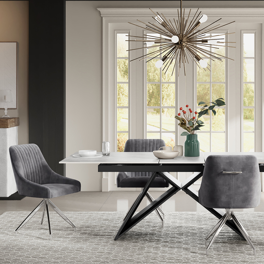 Grey velvet dining chair with chrome legs online