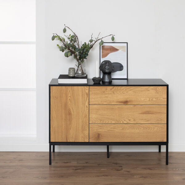 Milford 1 Door 3 Drawer Small Sideboard in Black & Oak | Self Assembly