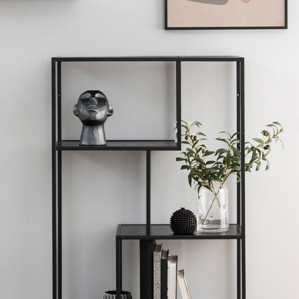 Milford Black Metal Asymmetrical Bookcase with 3 Black Shelves | Self Assembly
