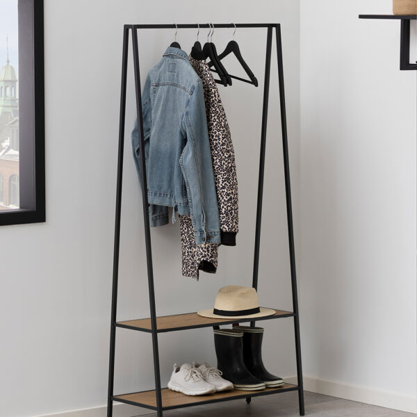 Milford Black Metal Clothes Rack with 2 Oak Shelves | Self Assembly