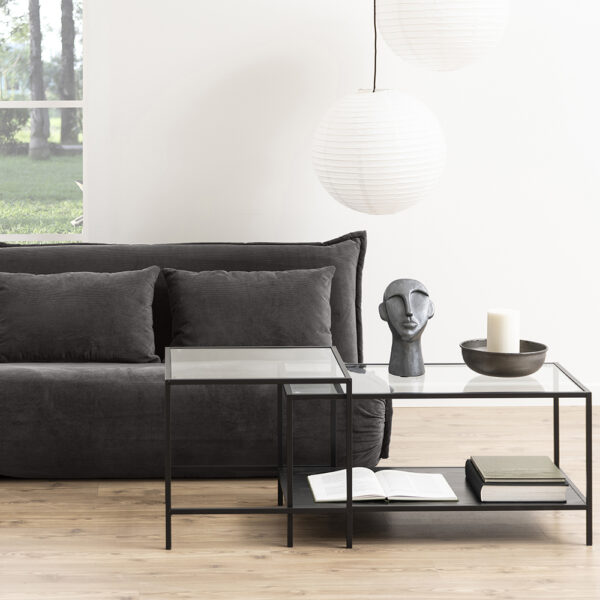 Milford Black Metal Coffee Table Set with Glass Top | Self Assembly