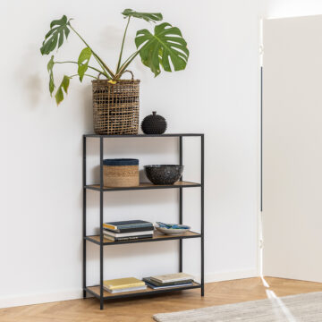 Milford Black Metal Low 3 Shelf Bookcase | Oak Finish