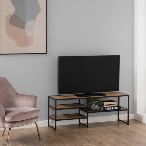 Milford Black Metal Open TV Unit with 3 Oak Shelves | Self Assembly