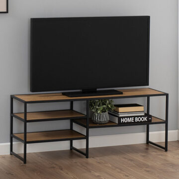 Milford Black Metal Open TV Unit with 3 Oak Shelves | Self Assembly