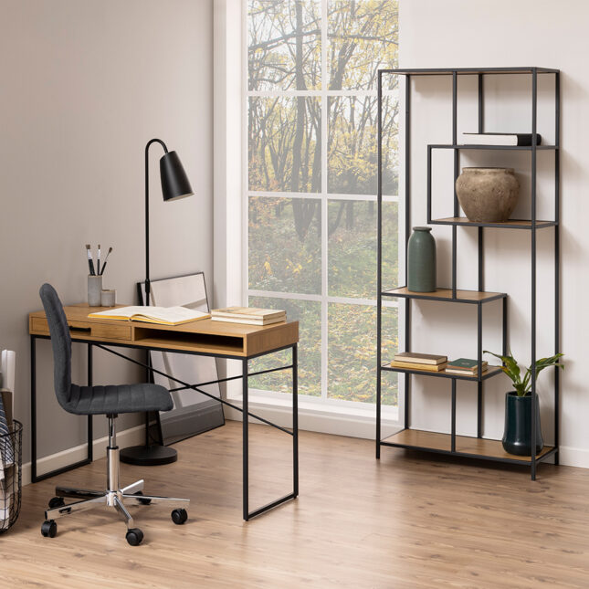 Milford Tall Black Metal Bookcase with 5 Oak Shelves | Self Assembly ...