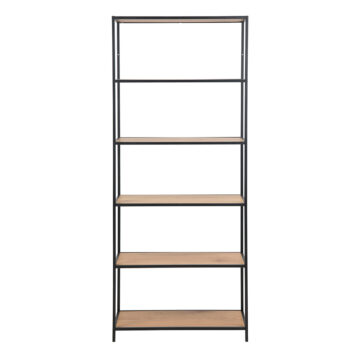 Milford Tall Black Metal Bookcase with 5 Shelves in Oak