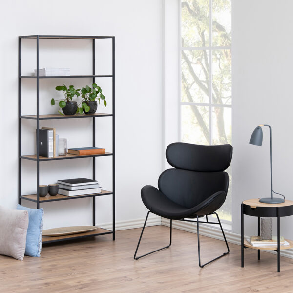 Milford Tall Black Metal Bookcase with 5 Shelves in Oak | Self Assembly
