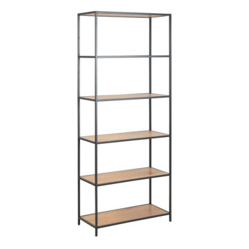 Milford Tall Black Metal Bookcase with 5 Shelves in Oak