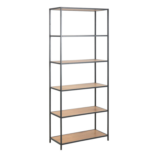 Milford Tall Black Metal Bookcase with 5 Shelves in Oak