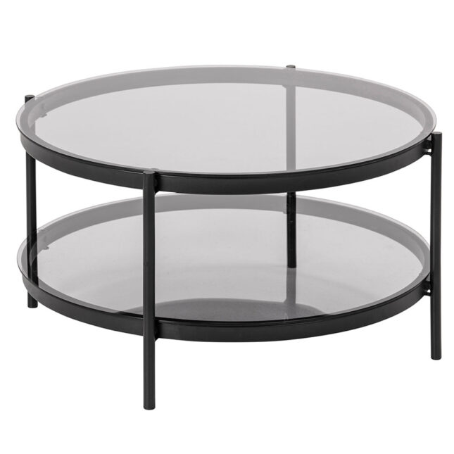 Bayonne Round Coffee Table in Black with Smoked Glass Top | Oak World