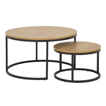 Spiro Round Coffee Table Set | Oak Finish Top | Black Metal Legs