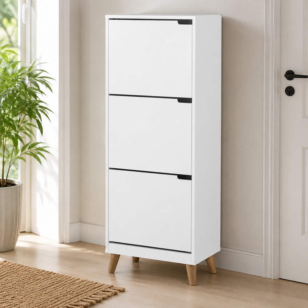 Mitra White 3 Door Shoe Cabinet | Flip Down Doors