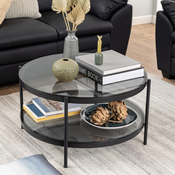 Bayonne Round Coffee Table in Black with Smoked Glass Top | Assembly Required