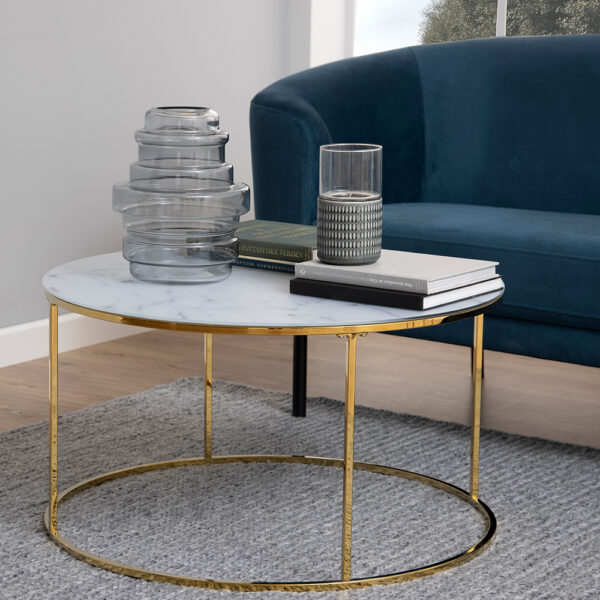 Bolton -A1 Round Coffee Table with White Crystal Clear Marble Glass Top & Gold Base | Assembly Required