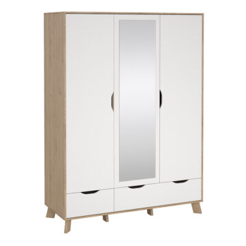 Elden Wardrobe 3 Doors and 2 Drawers with Mirror in Jackson Hickory and White
