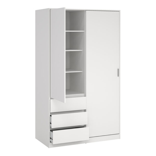 Moderno Wardrobe with 1 Sliding Door and 1 door + 3 drawers in White | Assembly Required
