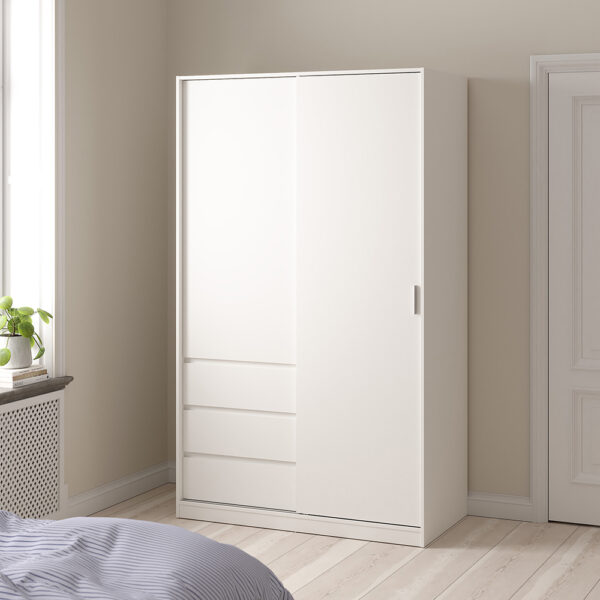 Moderno Wardrobe with 1 Sliding Door and 1 door + 3 drawers in White | Assembly Required